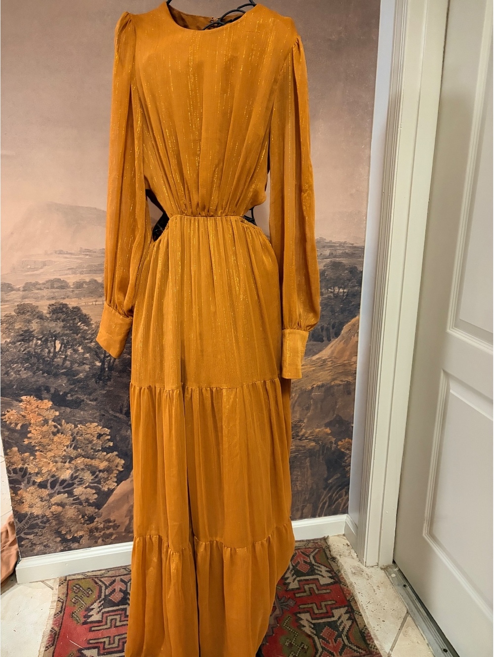 Wayf Long Sleeve Tiered Orange and Gold Dress